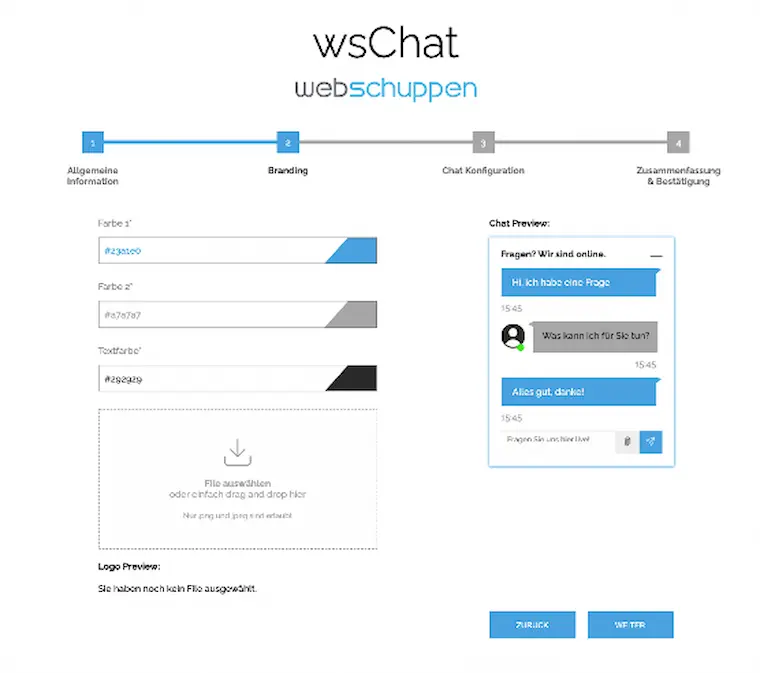 Benutzeroberfläche des wsChat Webschuppen Tools – Chat-Konfiguration und Branding-Einstellungen mit Farbwahl und Vorschau.