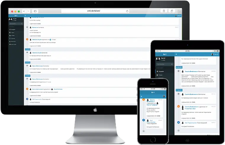 Grafik der EvTI Management Software als Webanwendung, auf einem Tablet und einem Smartphone