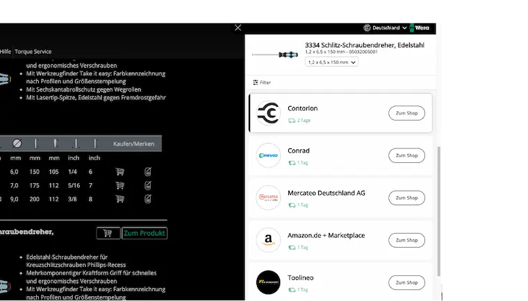 Screenshot einer Produktdetailseite im Wera Online-Shop – Anzeige eines Schlitz-Schraubendrehers aus Edelstahl mit Händlerübersicht und Kaufoptionen.