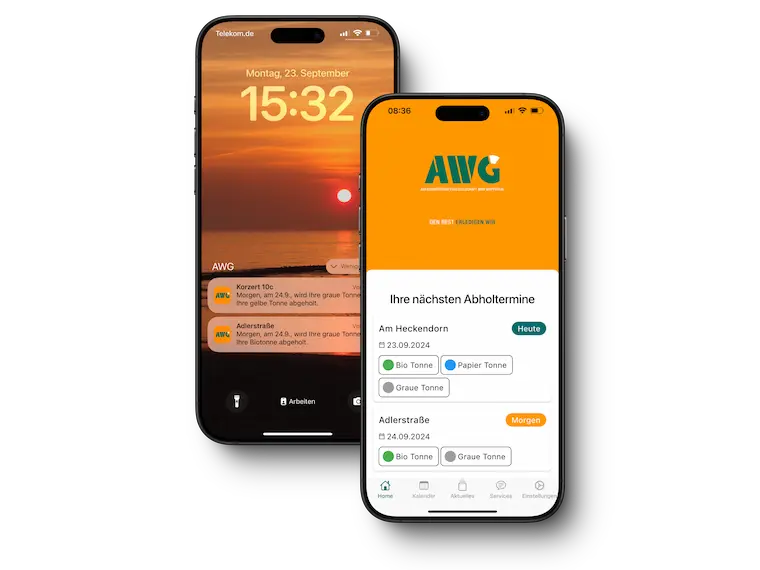 Smartphone-App der AWG Abfallwirtschaft: Übersicht der nächsten Abholtermine für Mülltonnen mit Push-Benachrichtigungen auf dem Sperrbildschirm.