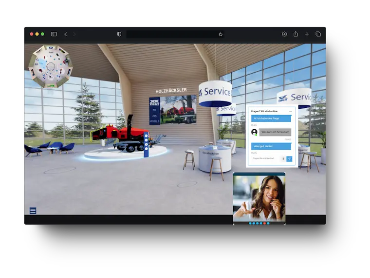 Virtueller Messestand in einer 3D-Online-Umgebung mit Chat-Funktion